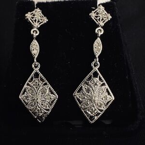 925 Sterling Silver Filigree Diamond Dangle Earrings